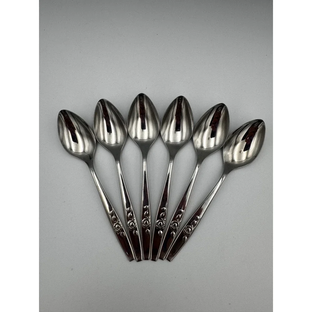 6 Vintage Oneida 1881 Rogers Our Rose Stainless Oval Soup Tablespoons S.S.S.